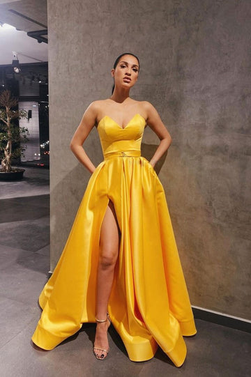 Yellow satin long prom dress simple yellow bridesmaid dress HZ1023
